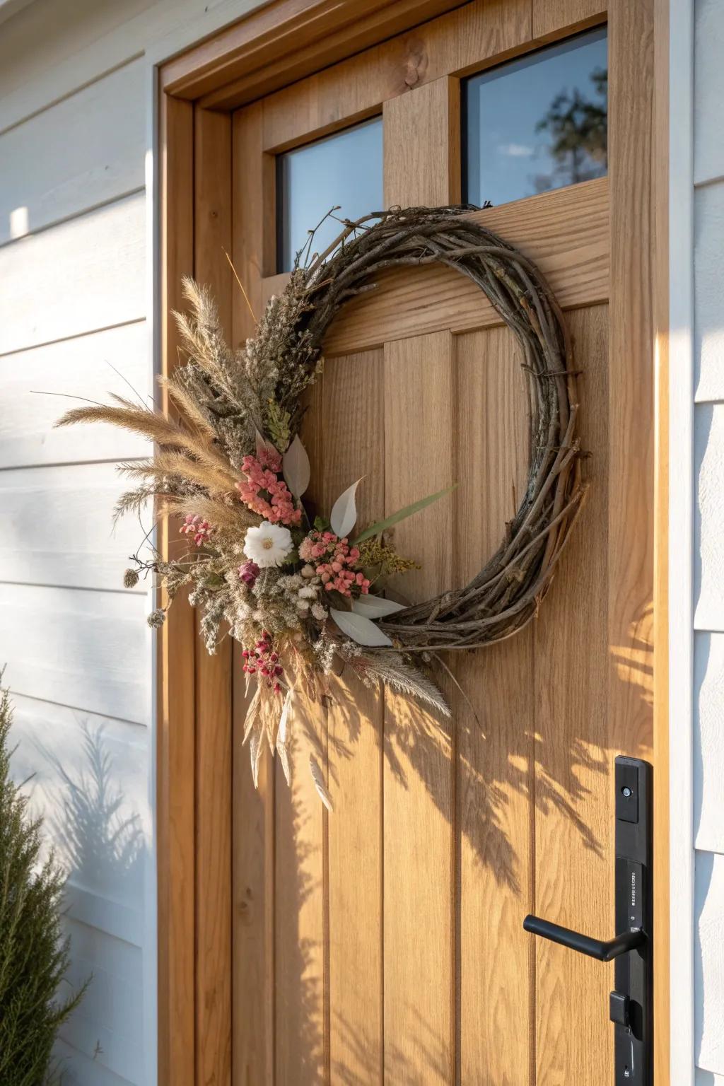 A cozy, handmade seasonal wreath adds instant texture and warmth to a minimal wood entry.