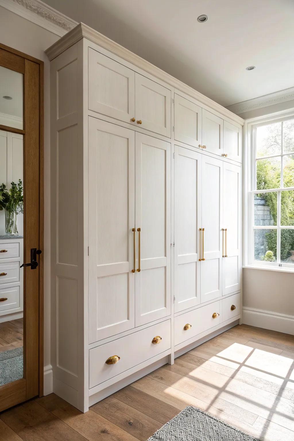 Classic Shaker floor-to-ceiling cabinets for a seamless built-in wall and taller-looking kitchen.