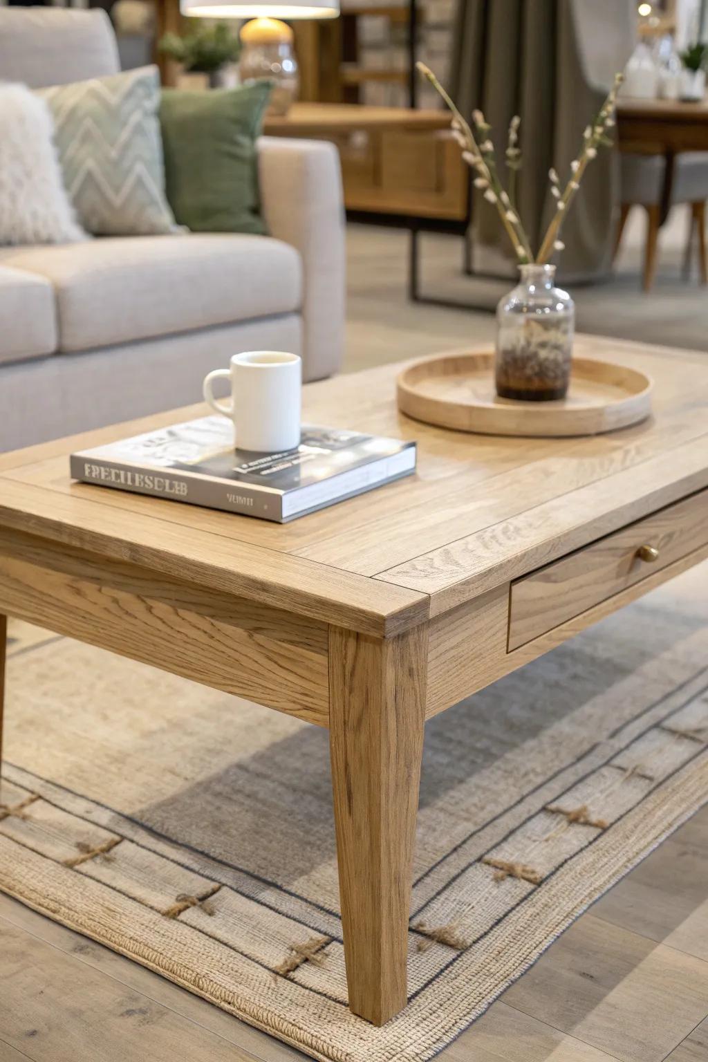 Build a full-room vignette around one hero piece—this coffee table sets the whole story.