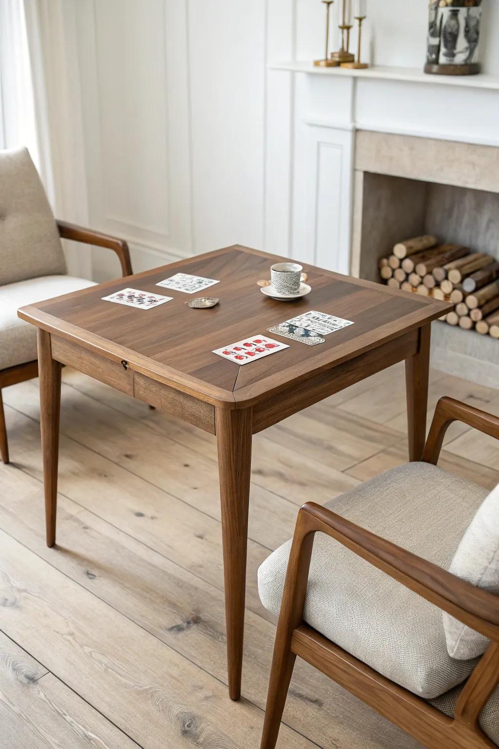 A walnut card table with comfy upholstered seating—simple, intentional, made for long games.