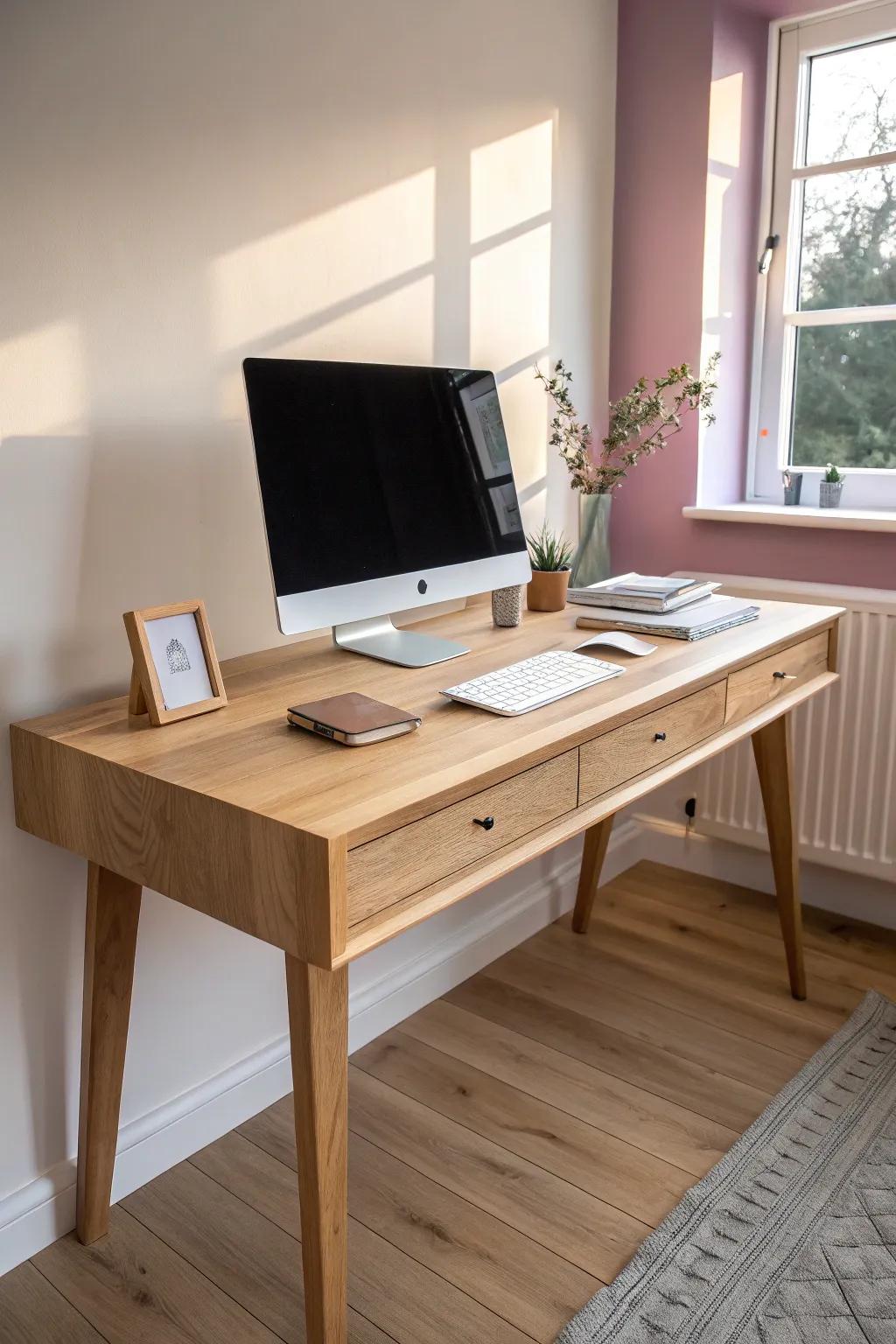 Soft RGB backlight glow on an oak desk—moody, immersive, and beautifully clutter-free.