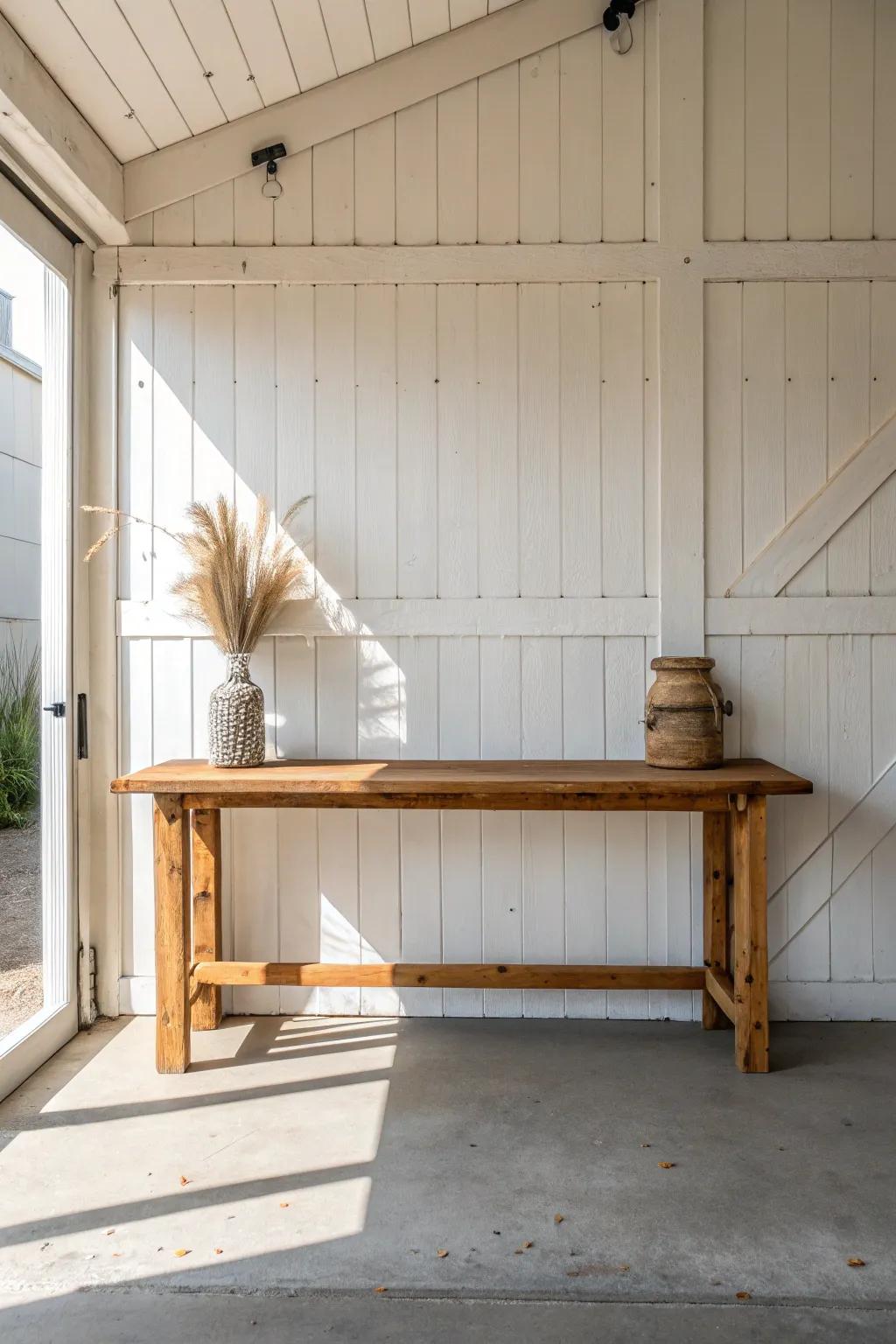 Warm-stained shiplap behind the workbench turns a cold garage into a cozy, crafted nook.