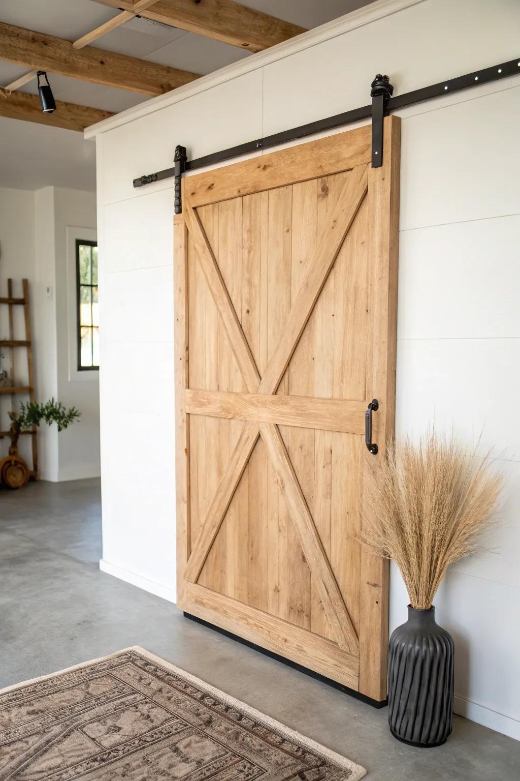 Timeless X-brace barn door + matte black hardware for an intentional, modern farmhouse garage.