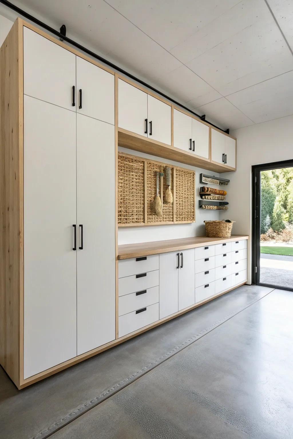 Wall-to-wall garage cabinets that feel like custom furniture—clean lines, warm wood, and a calm work zone.