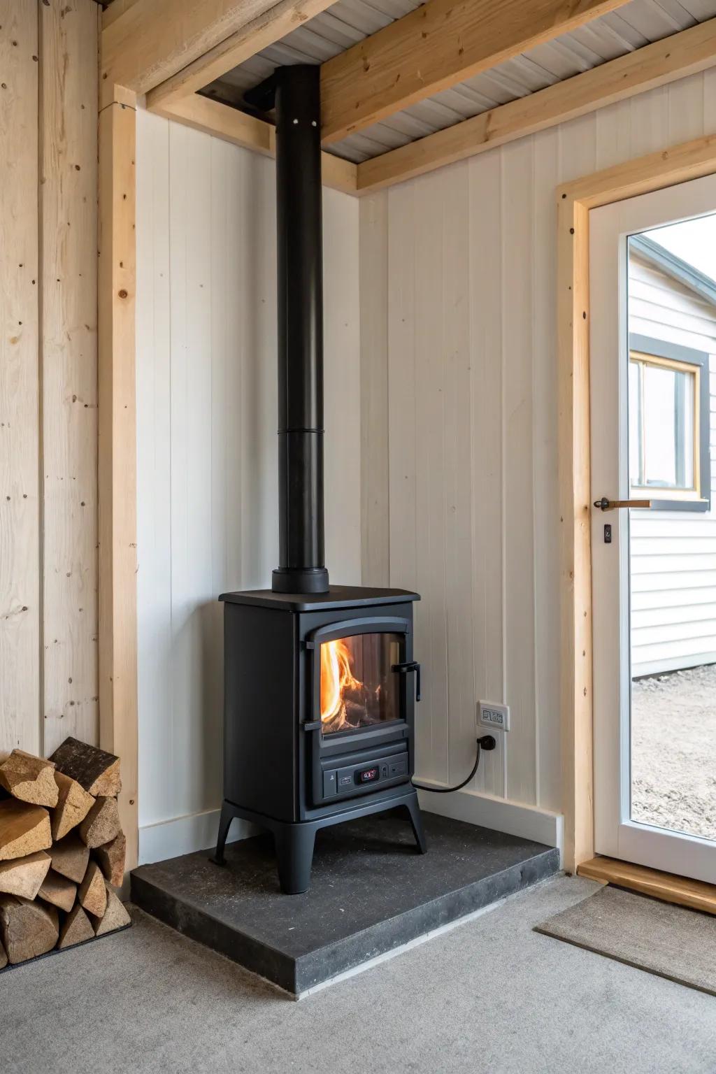 Classic corner wood stove nook: space‑saving garage warmth framed in pale wood and clean lines.