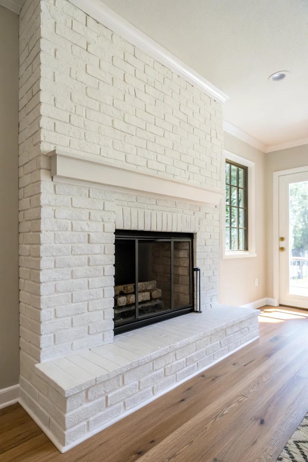 Soft warm-white painted brick gives a dated gas fireplace a bright, clean Scandinavian reset.
