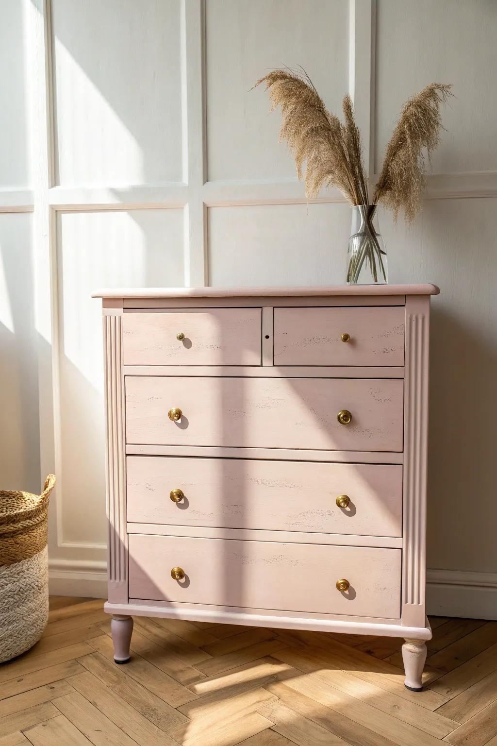 Classic blush pink dresser: timeless, cozy grain, and Scandinavian-minimal charm with boho warmth.