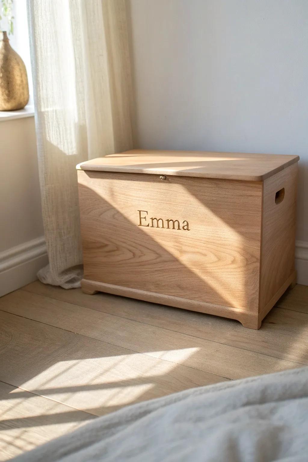 A sweet, safe toy chest with rounded edges, soft-close lid, and her name inlaid in wood.