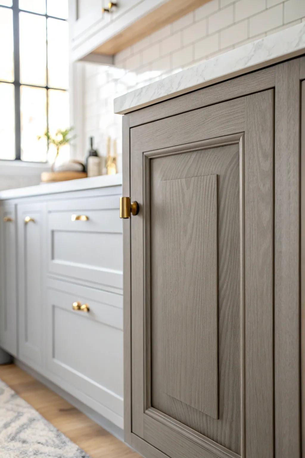 Classic gray Shaker cabinet front with brass hardware—timeless lines for any kitchen layout.