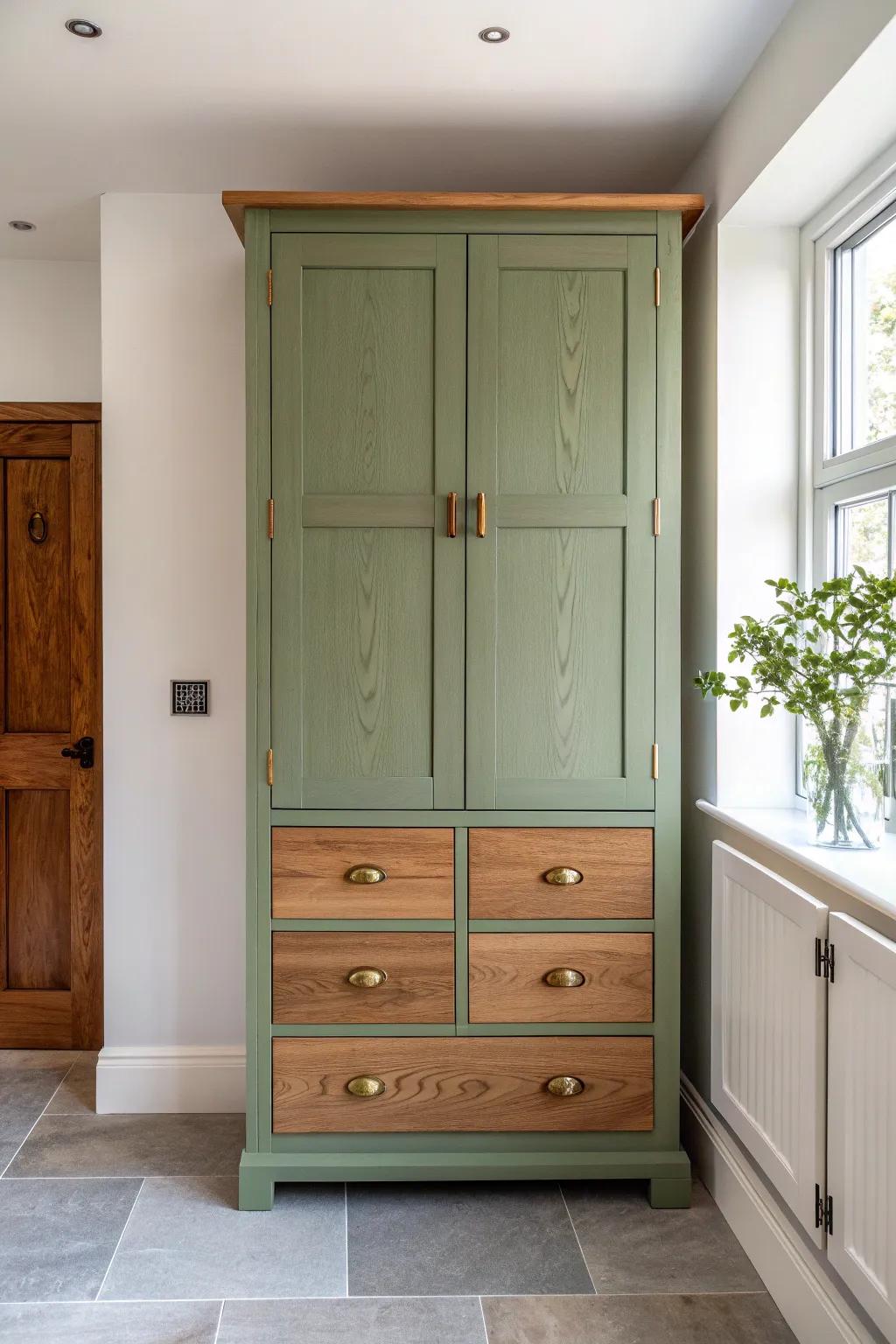 Muted green uppers with warm wood lowers—an easy two-tone cabinet look that feels custom.