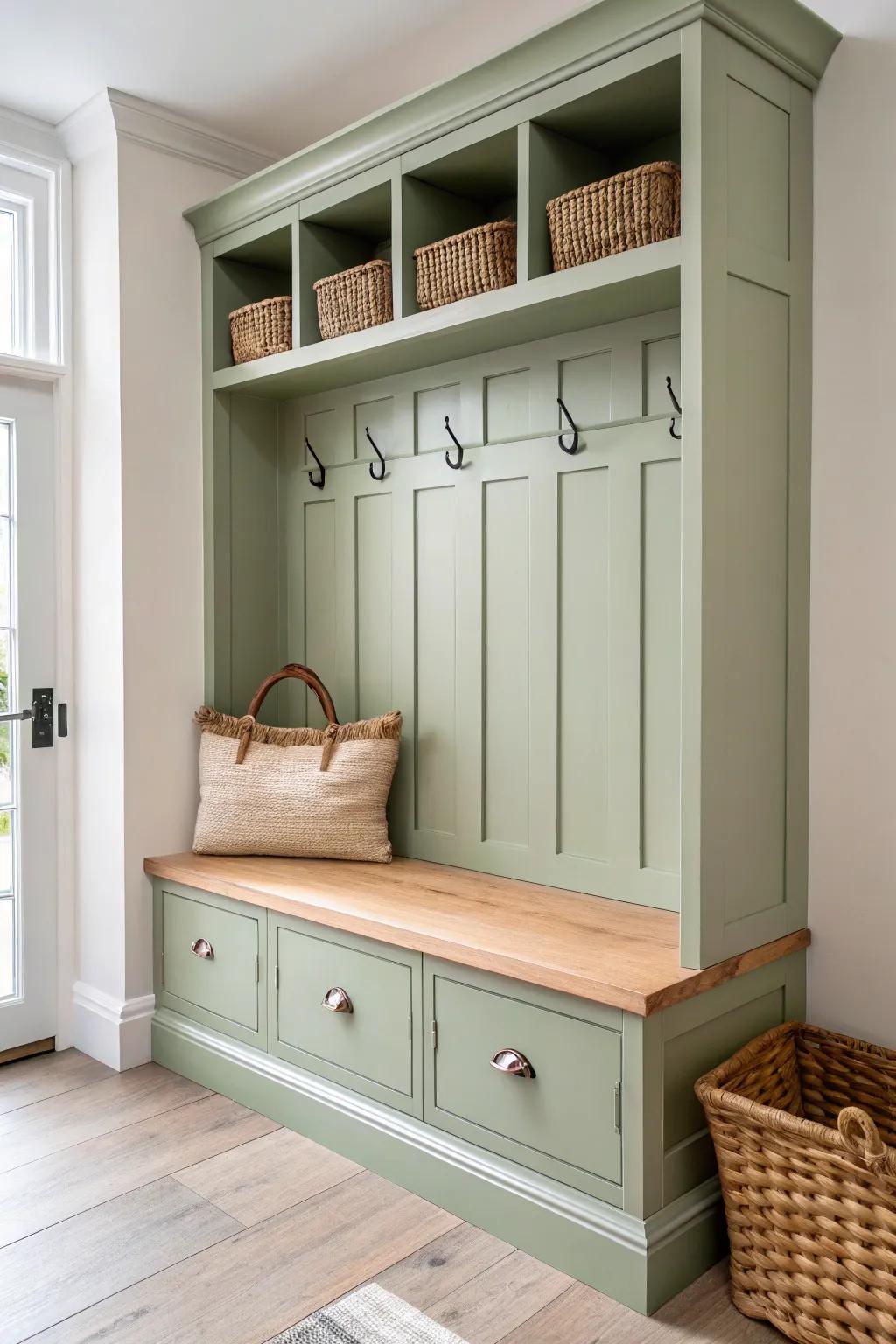Soft sage hall tree lockers with cubbies, hooks & drawers—custom calm for busy entryways.