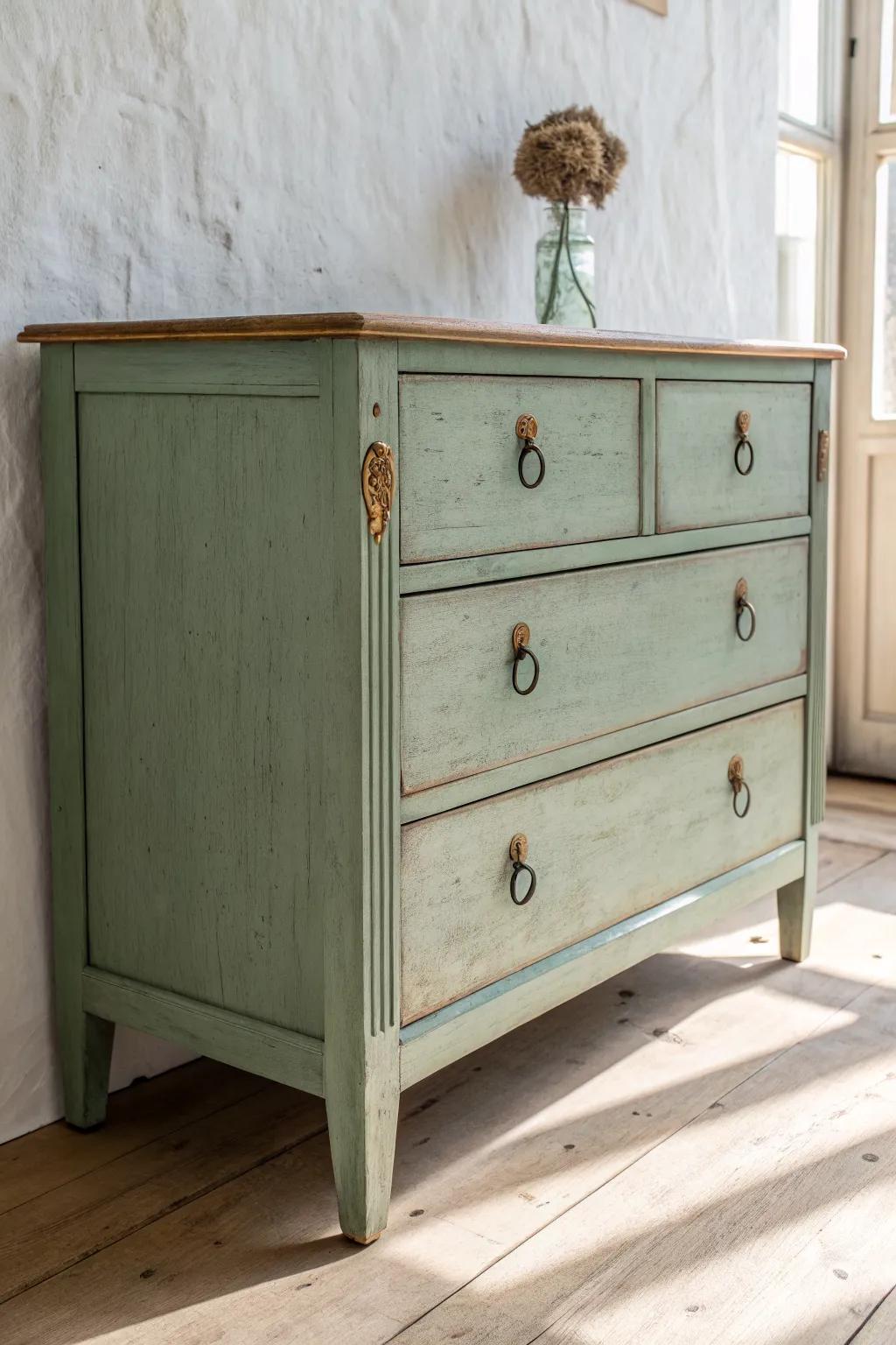 Sage green matte dresser + original brass pulls—soft curves, timeless contrast, elevated charm.
