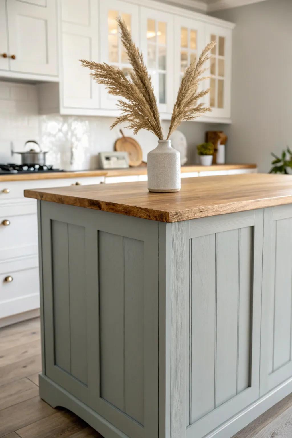 Deep gray wood island pops against crisp white cabinets—cozy focal point, airy Scandinavian vibe.