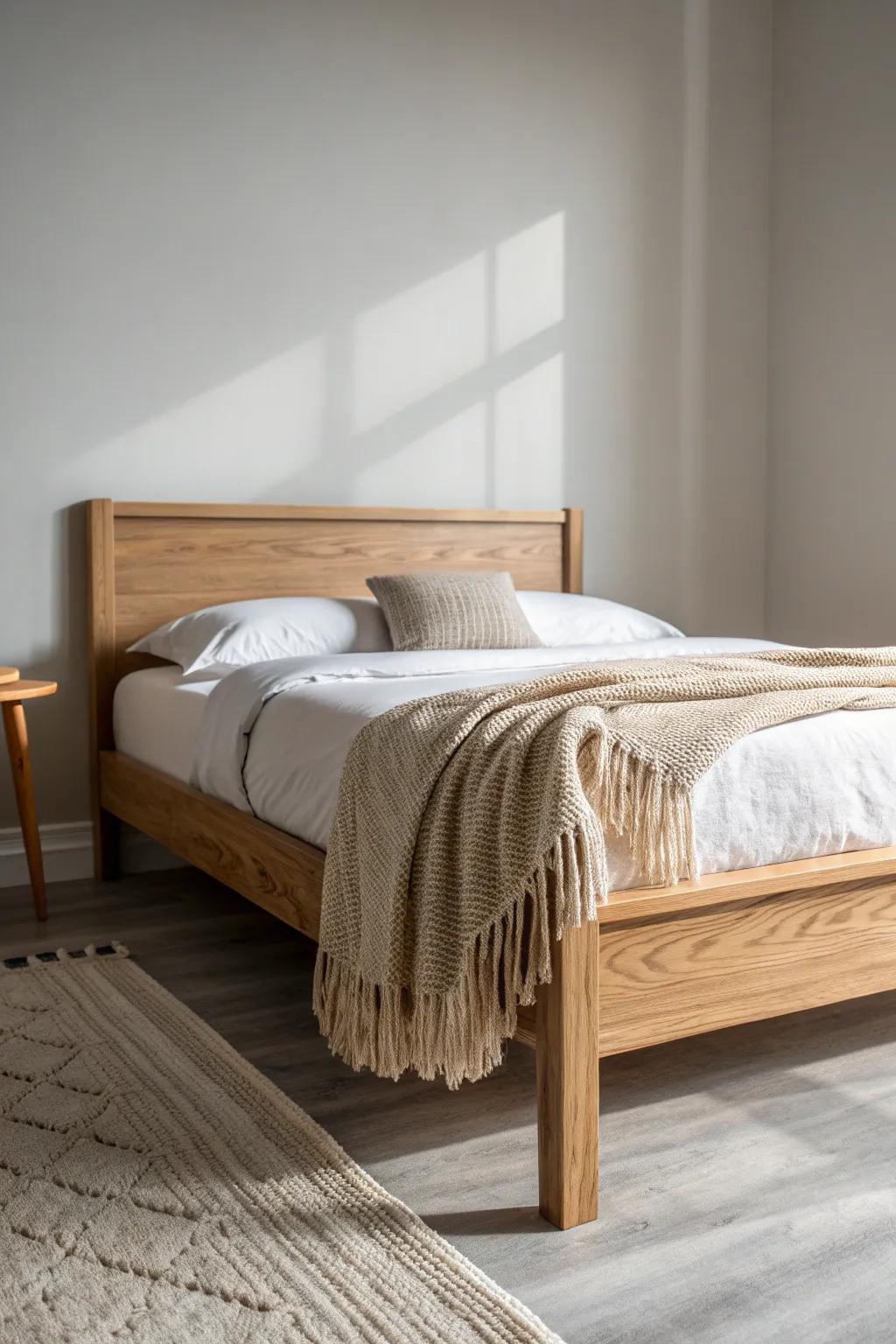 Light grey walls meet a warm natural wood bed frame—simple, cozy, and beautifully balanced.