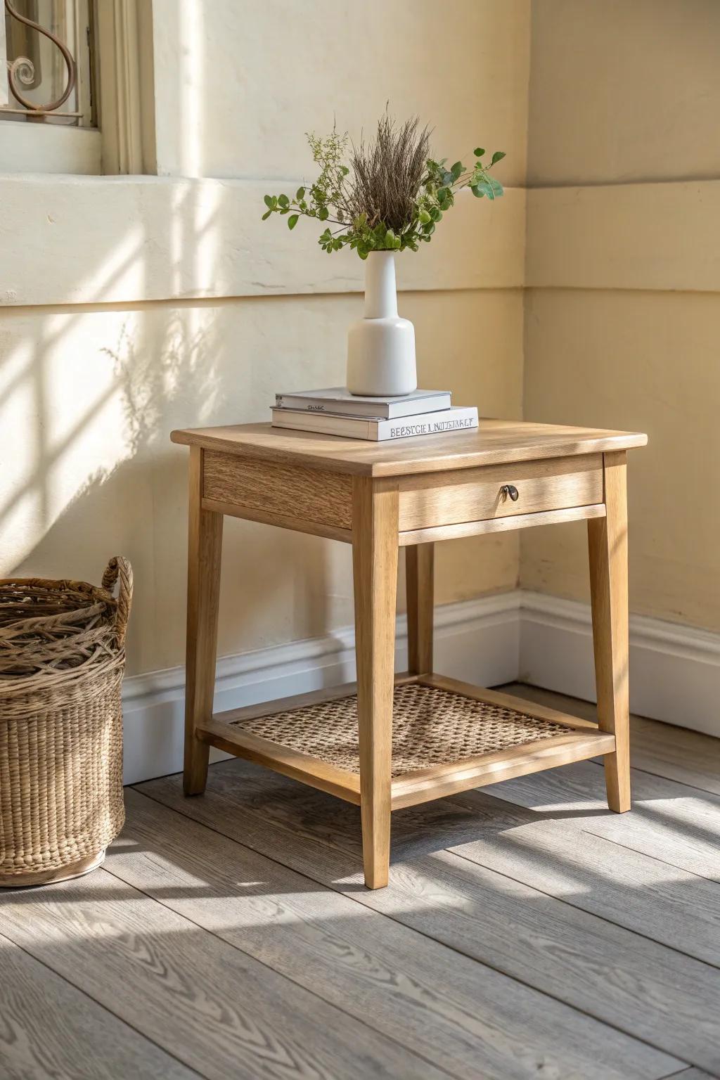 Warm cream walls make grey floors glow—highlight with a handcrafted oak side table.