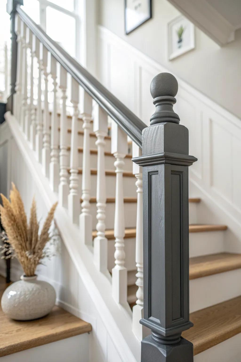 Classic two-tone banister: charcoal gray handrail with crisp white spindles—clean and timeless.