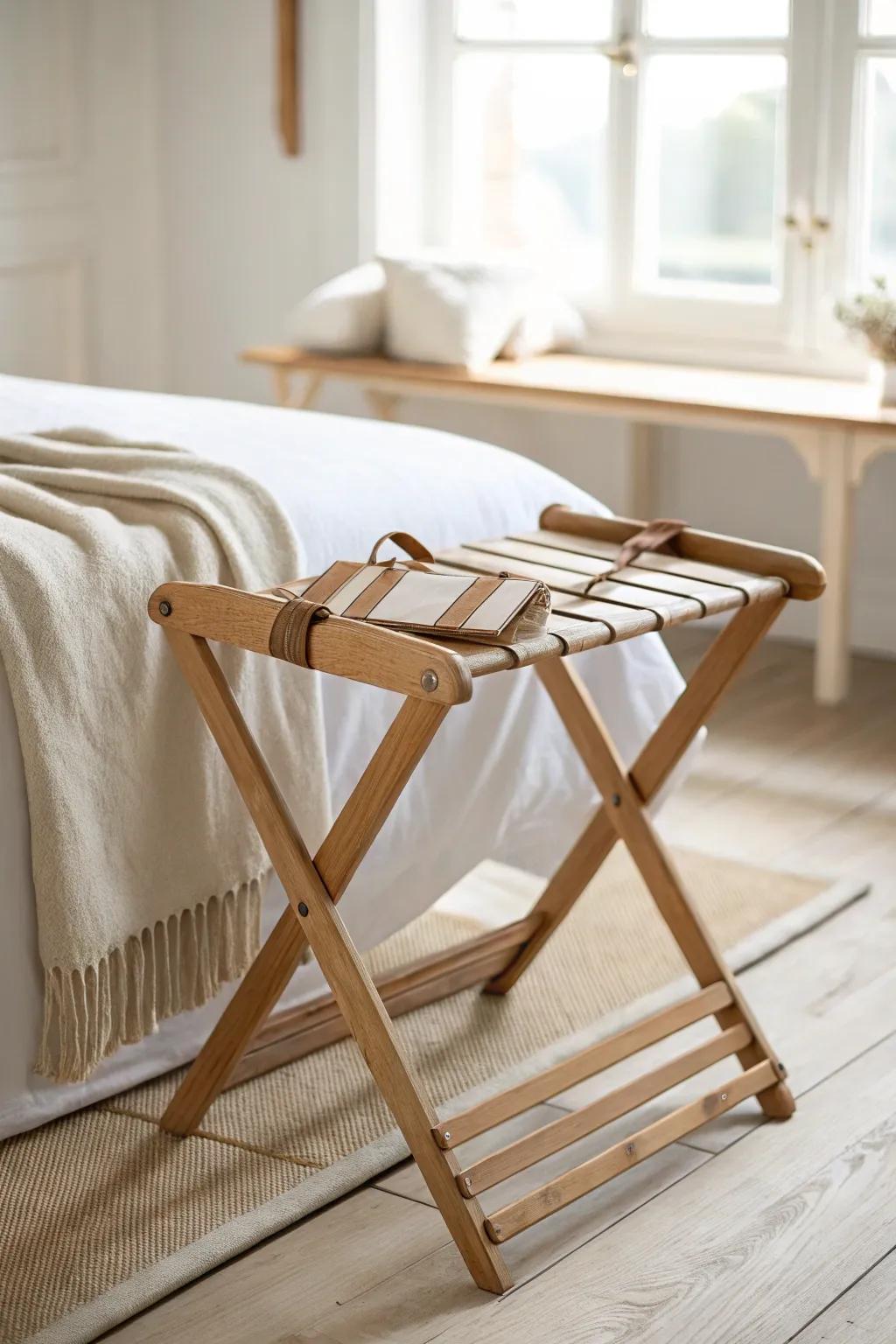 Classic foldable wooden X-frame luggage rack—hotel-easy style that tucks away in seconds.