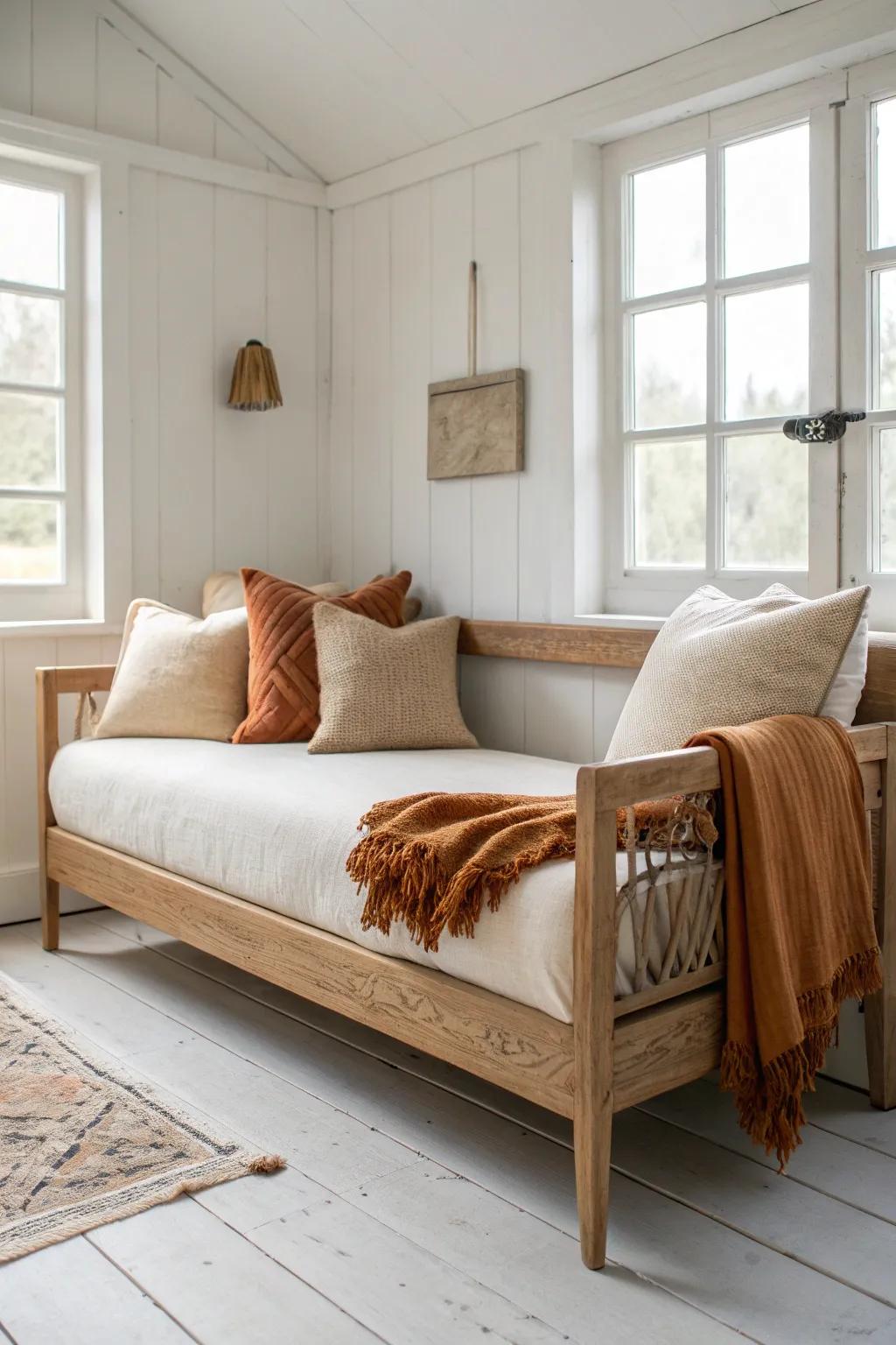 A classic wood daybed styled as a sofa—stacked pillows and a long lumbar for guest-room ease.