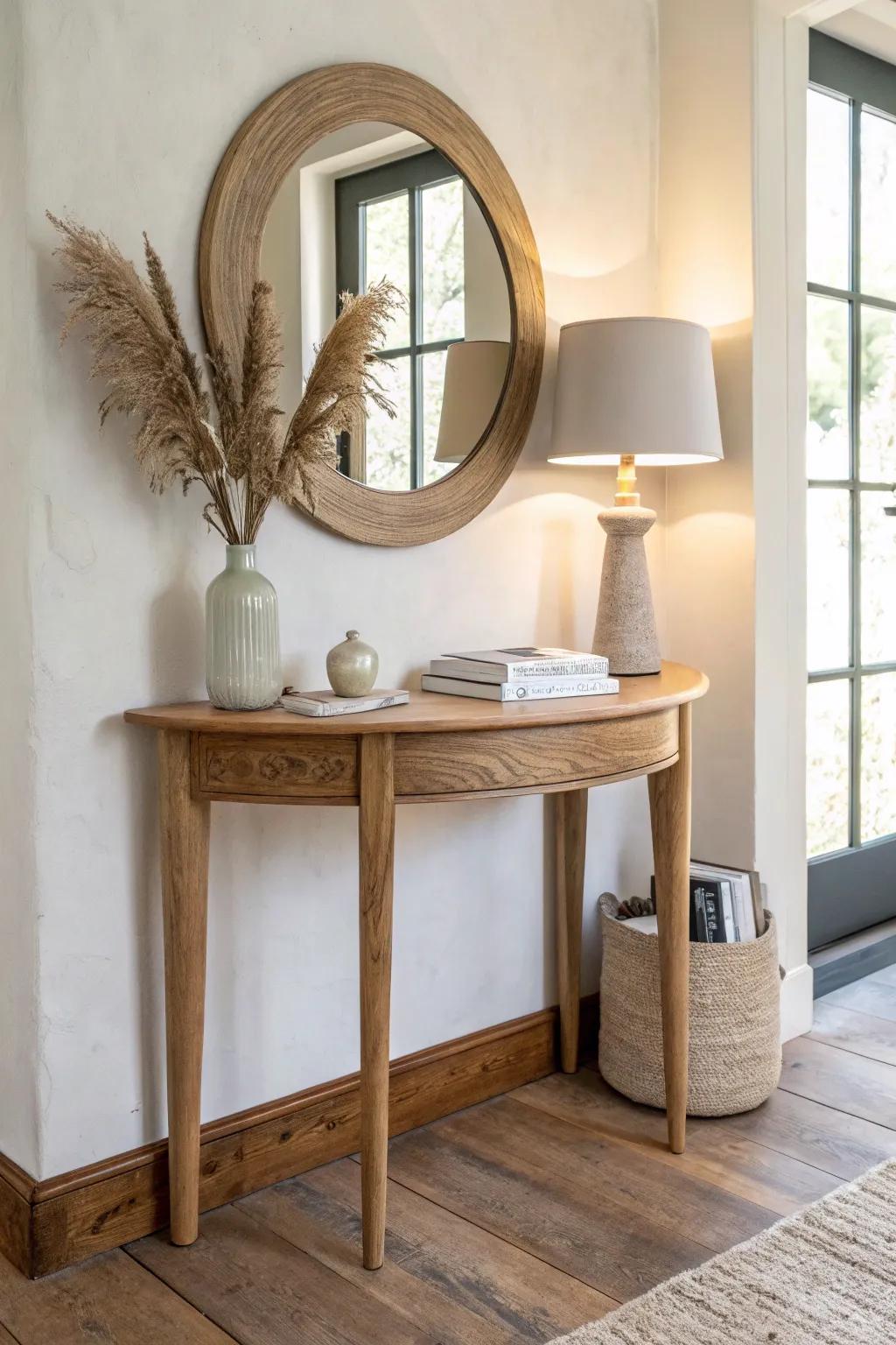 Round mirror + lamp, vase, and books: a simple trio that balances a half moon table.