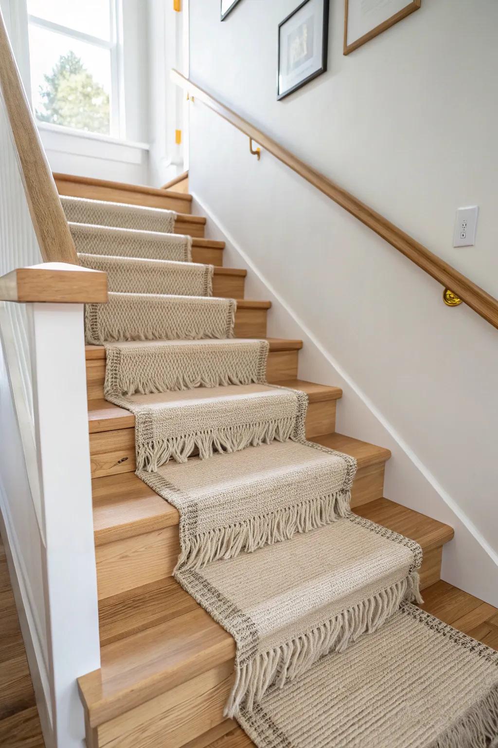A nubby neutral stair runner softens the hall while letting the warm wood stairs shine.