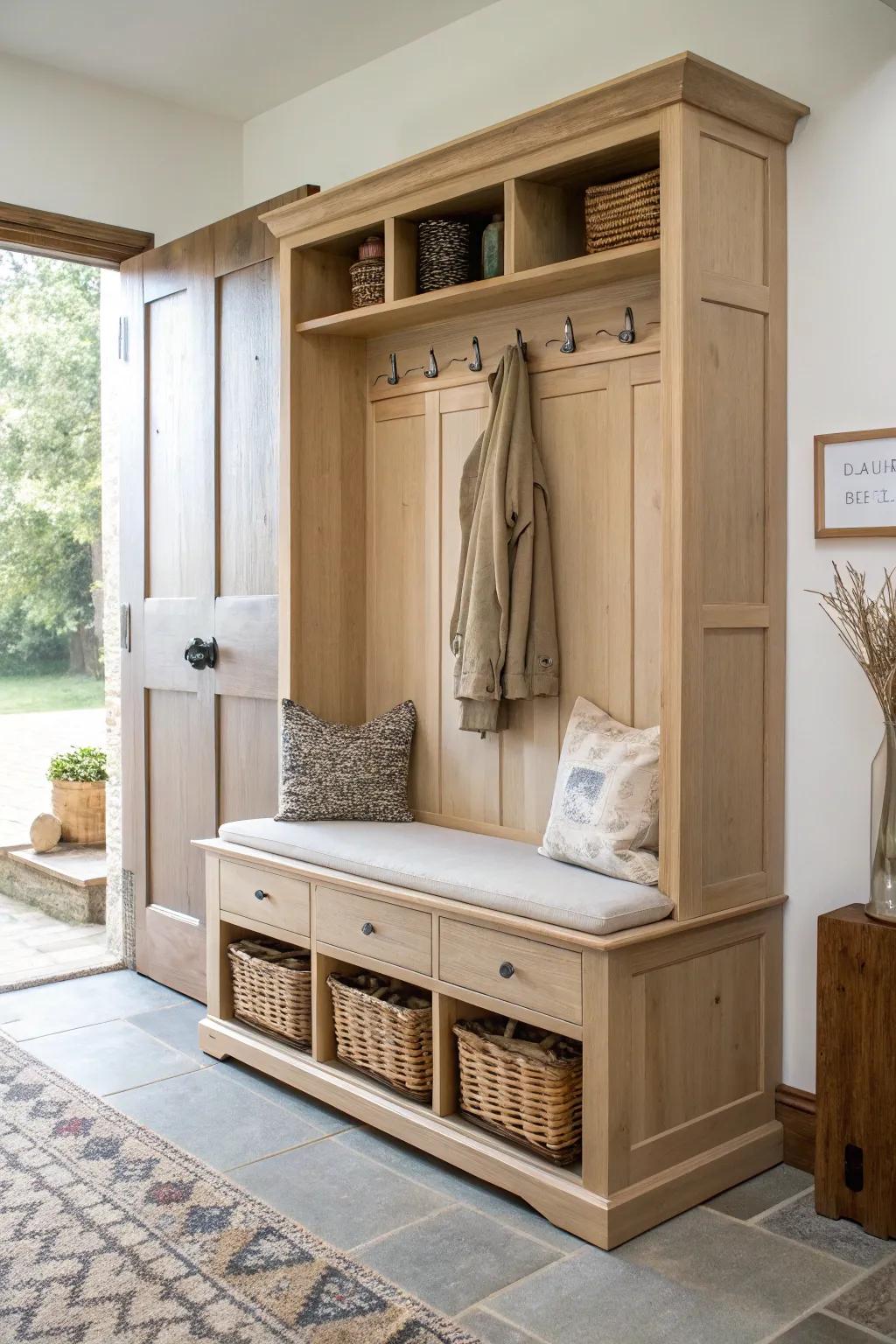 Built-in bench cabinet with cubbies and brass hooks—minimal, warm, and beautifully practical.