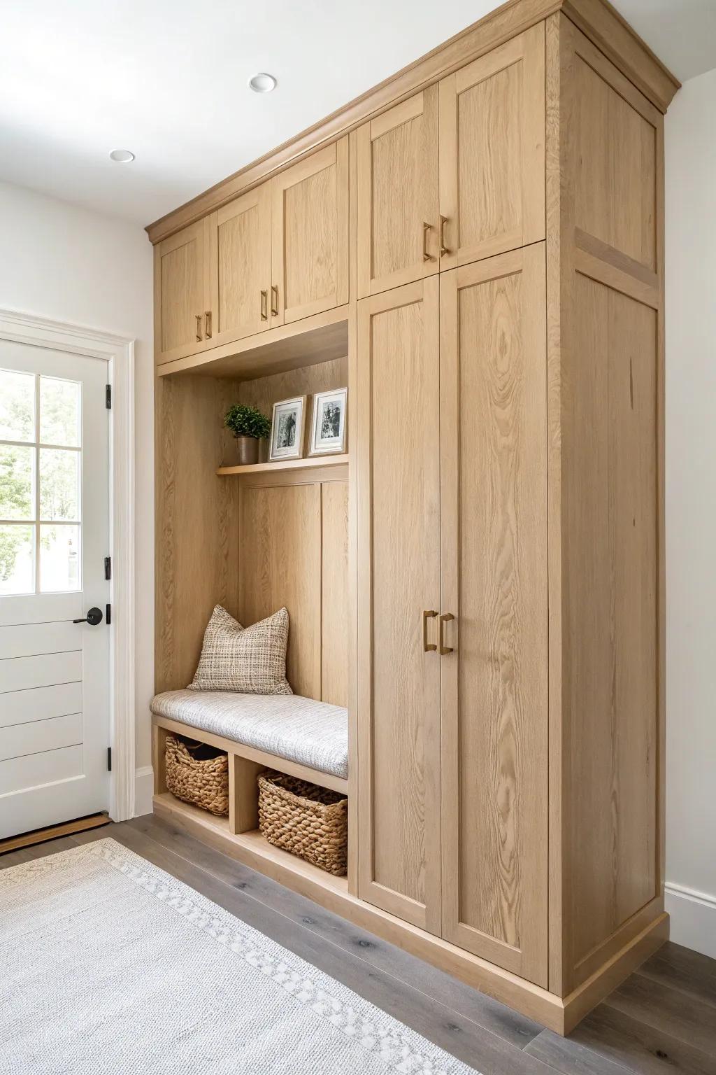 Built-in mudroom cabinet wall: light oak, bench niche, and tall storage for a polished hallway.