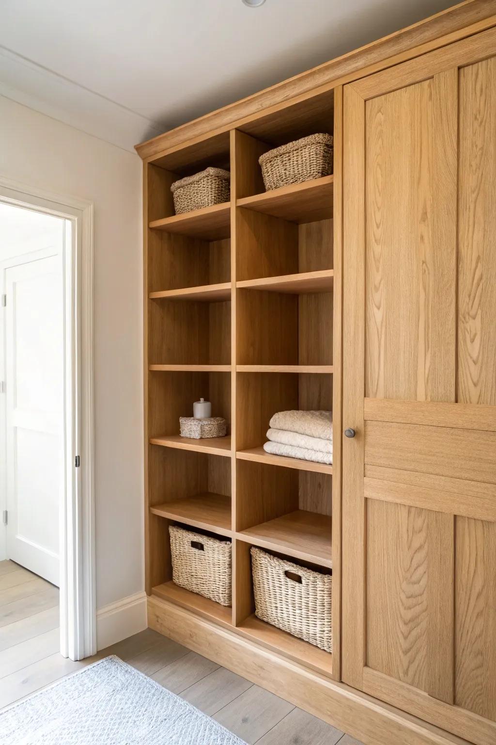 Floor-to-ceiling oak shelves turn a hallway closet into calm, space-saving storage.