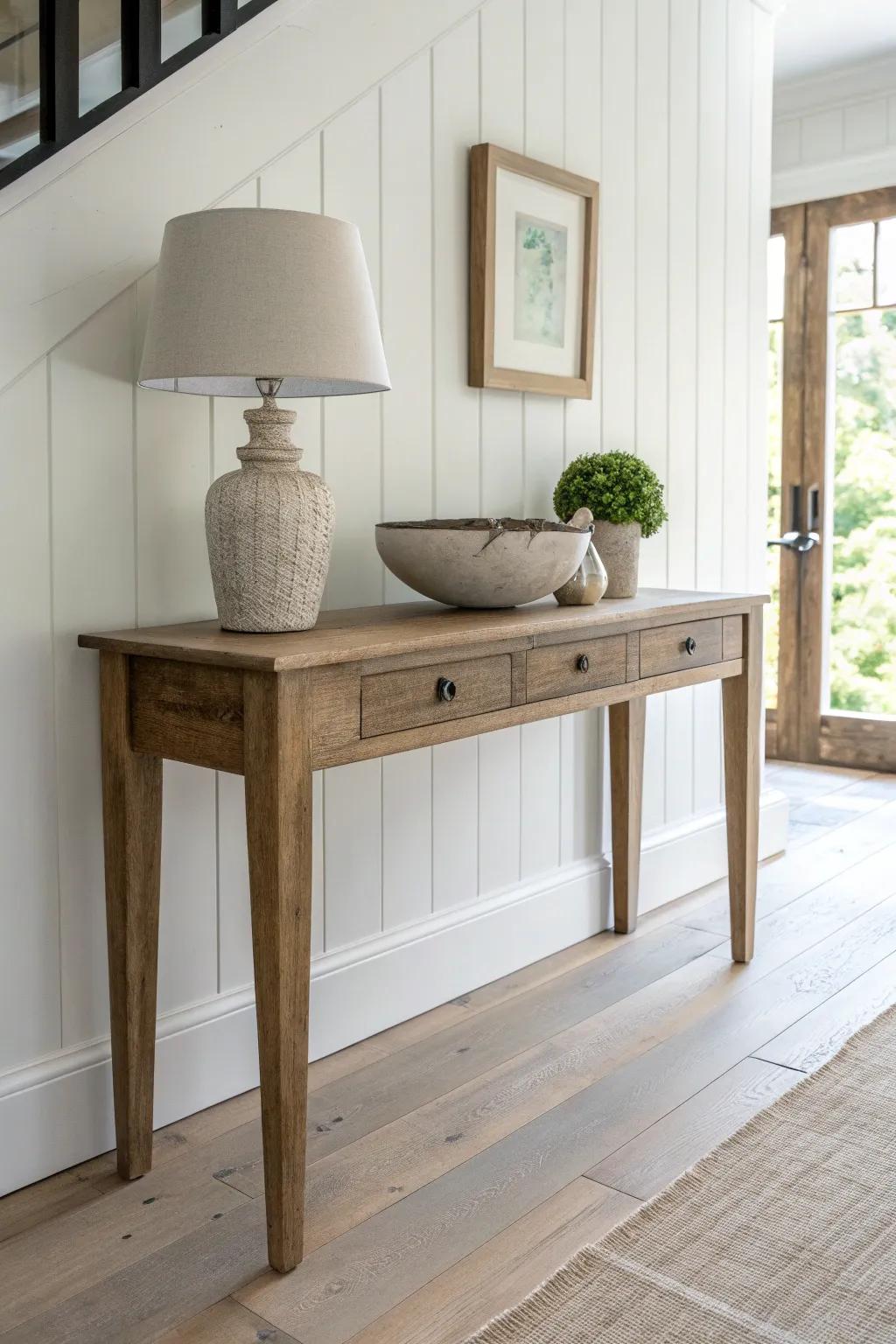 A warm reclaimed-wood console table moment—slim, handcrafted, and made for easy hallway living.