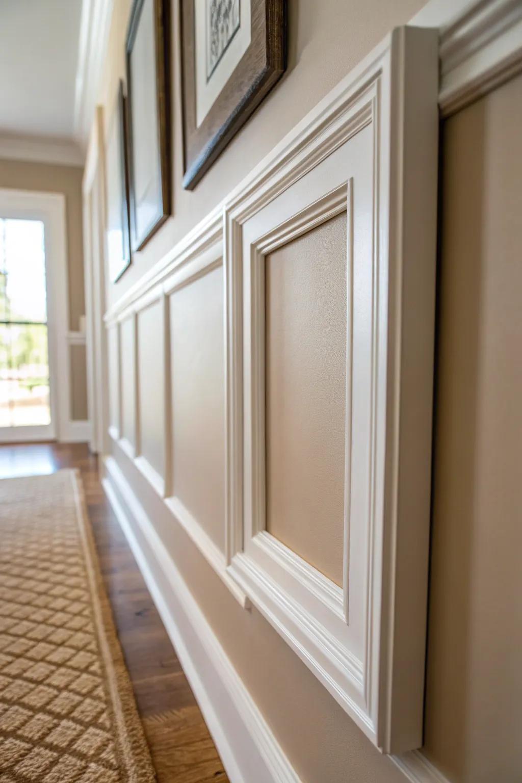 Classic picture frame molding: clean rectangles and consistent spacing for a tailored hallway.