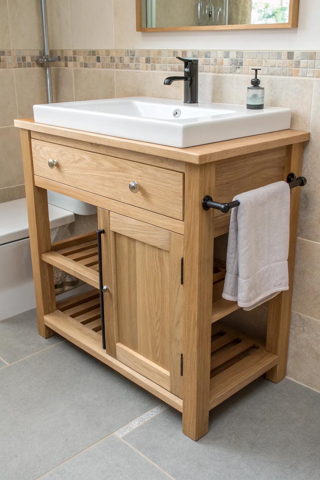 Classic roll-under console vanity in light oak—minimal, warm, and wheelchair-friendly.