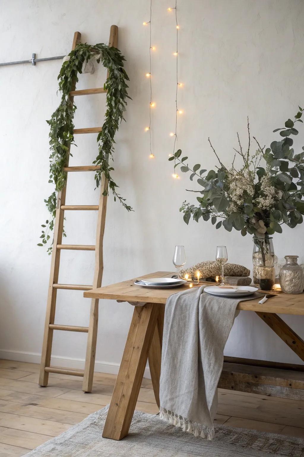 A hanging wooden ladder with greenery and warm string lights for a cozy, clutter-free dining glow.