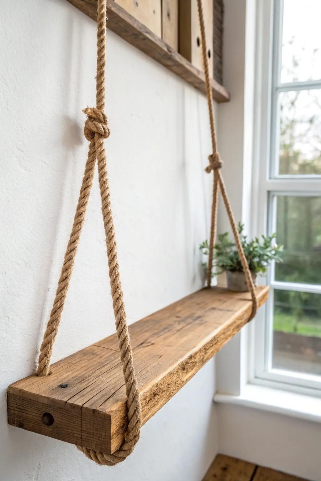 Classic rope plank shelf: thick timber, chunky knots, and effortless Scandinavian-boho charm.
