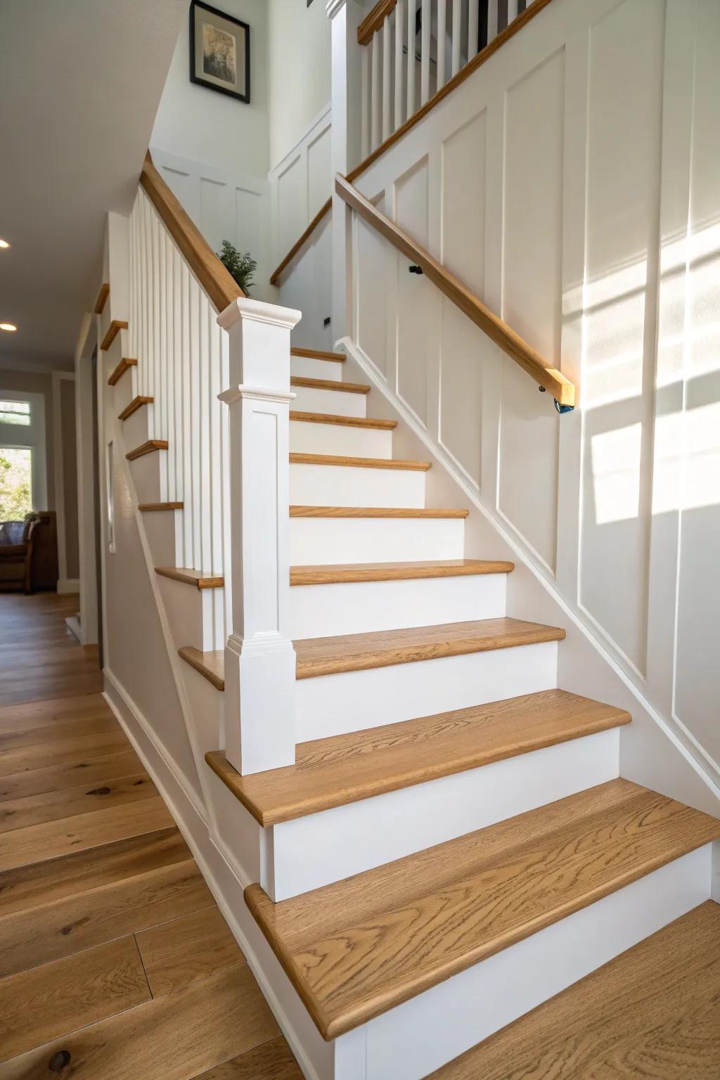 Two-tone oak treads with crisp white risers—clean contrast that makes the grain pop.