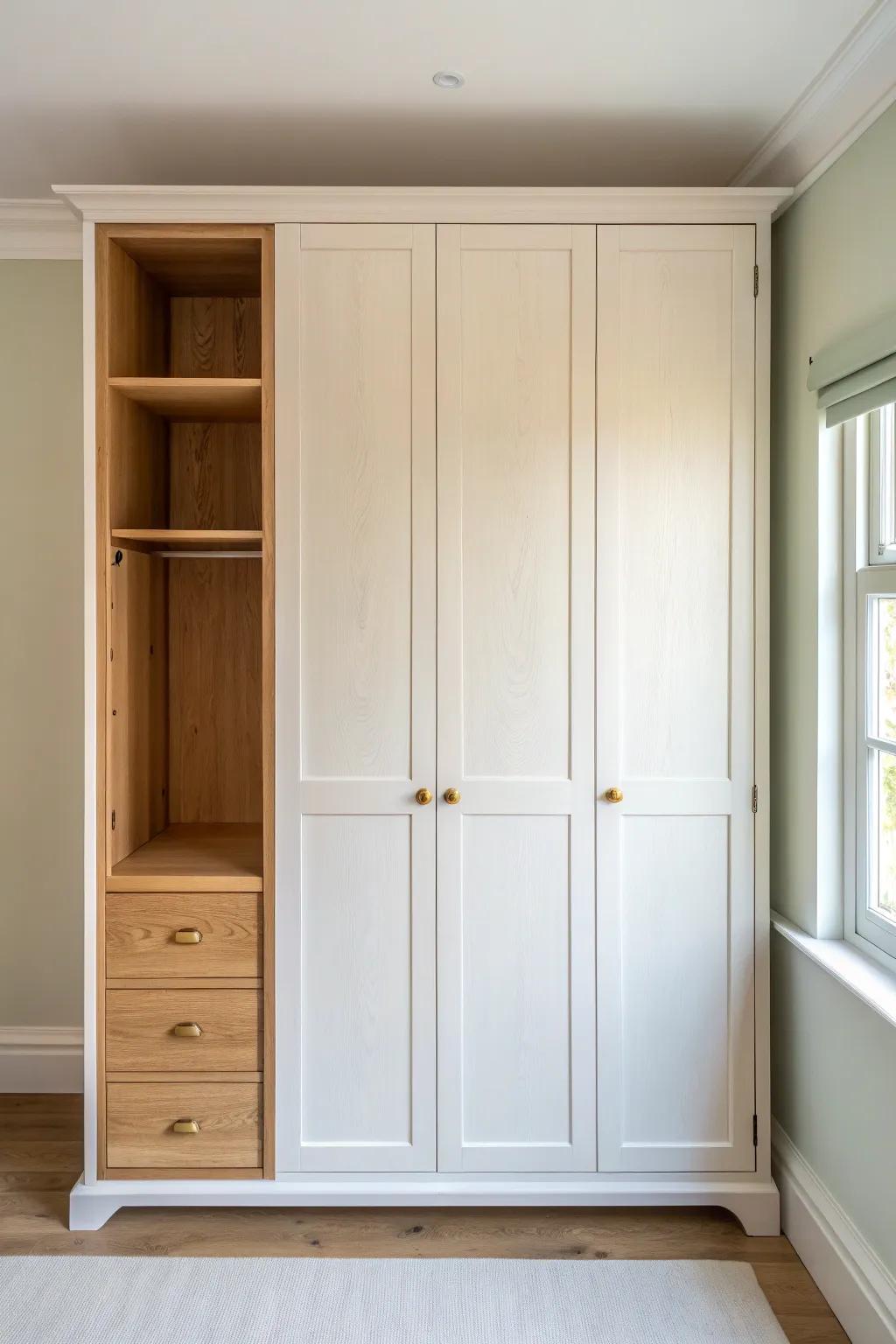 A floor-to-ceiling cabinet that hides coats in warm wood—calm, crafted, and clutter-free.