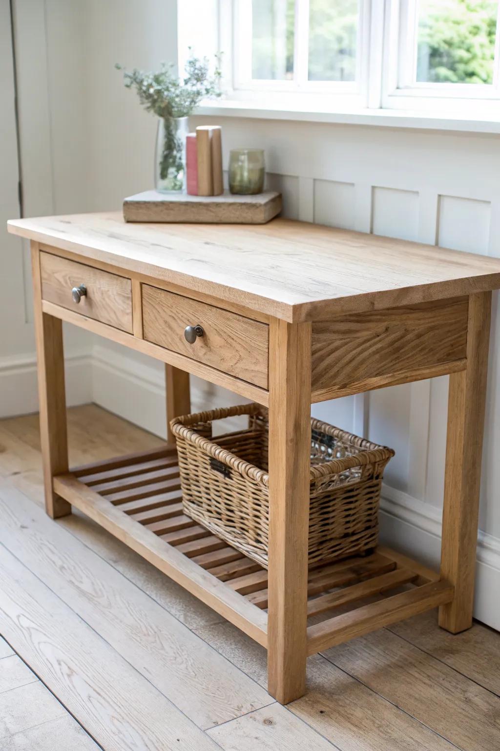 A classic DIY workbench desk: thick wood top and a lower shelf to keep hobby space clear.