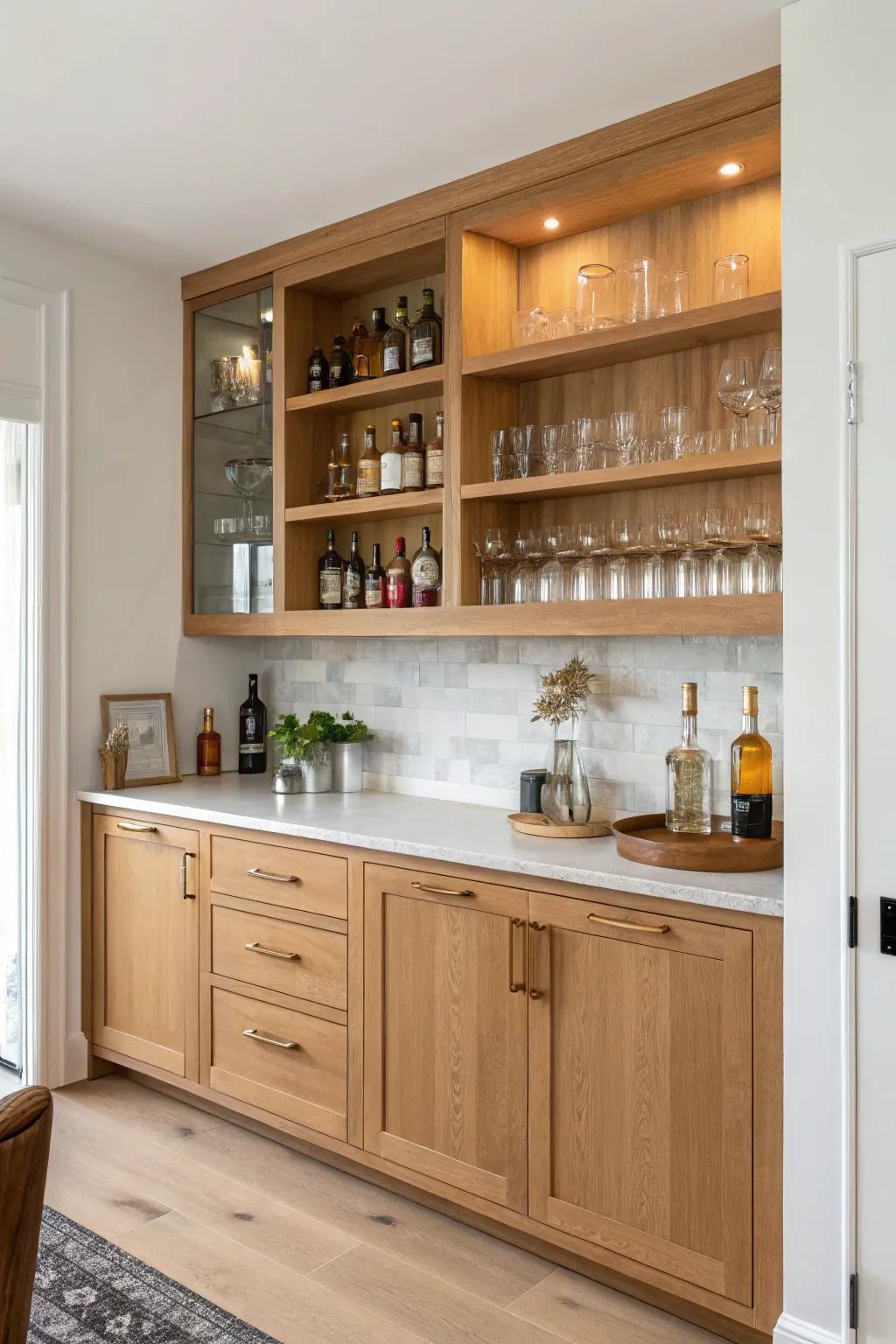 A classic floor-to-ceiling built-in back bar wall—light oak, open shelves, and airy bottle styling.