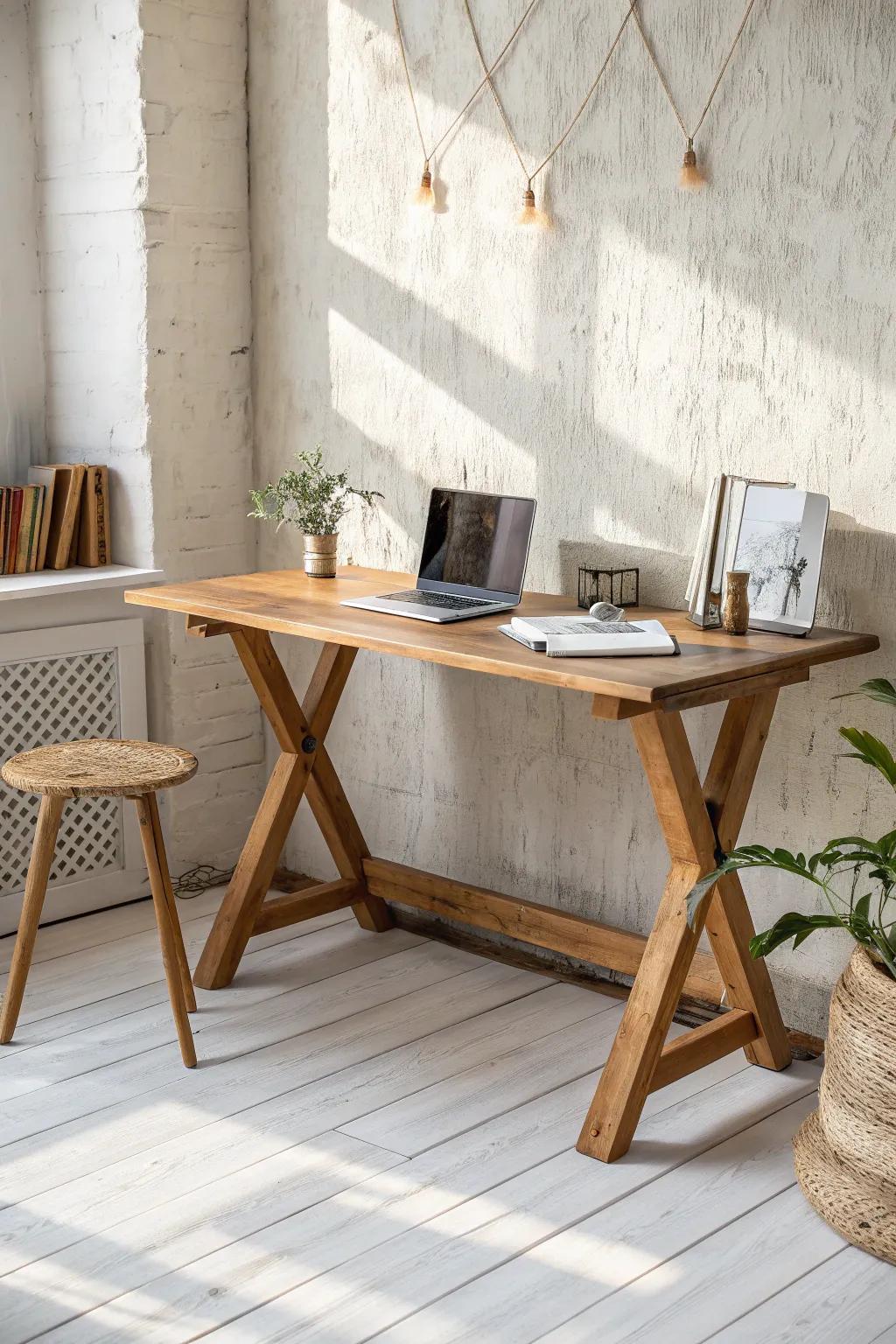 A statement reclaimed-wood trestle desk that anchors your home office with warm, handmade character.