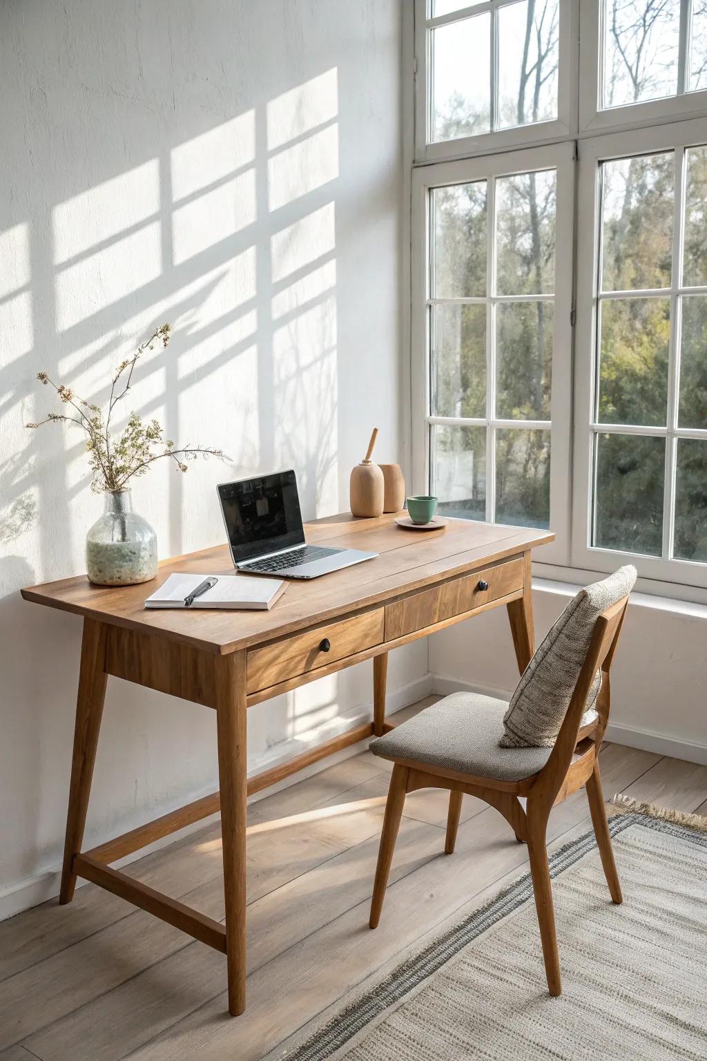 A window-facing oak desk that floods your home office with light—simple, warm, serene.