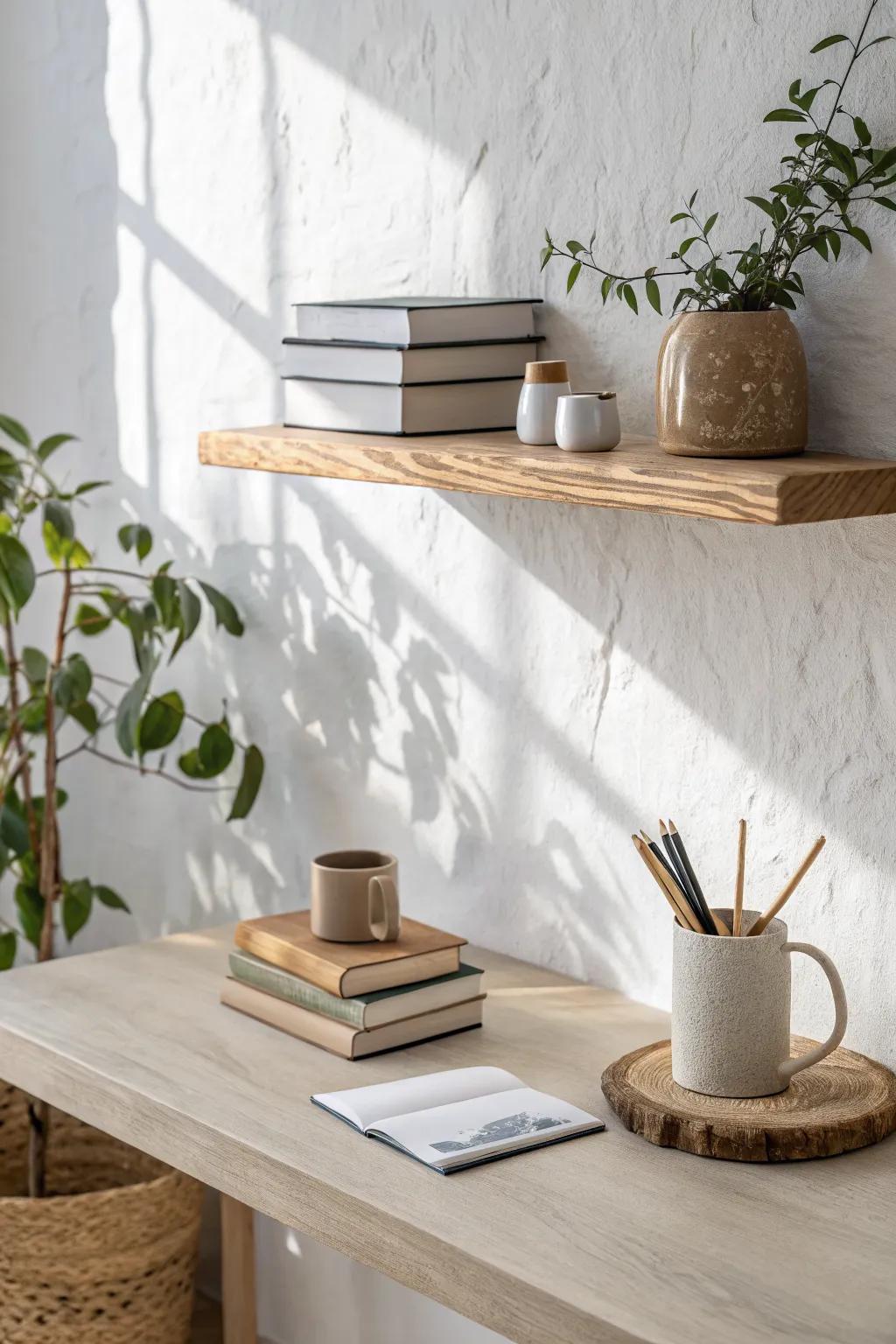 Shallow floating shelves keep daily essentials tidy above your desk—clean, airy, and warm.