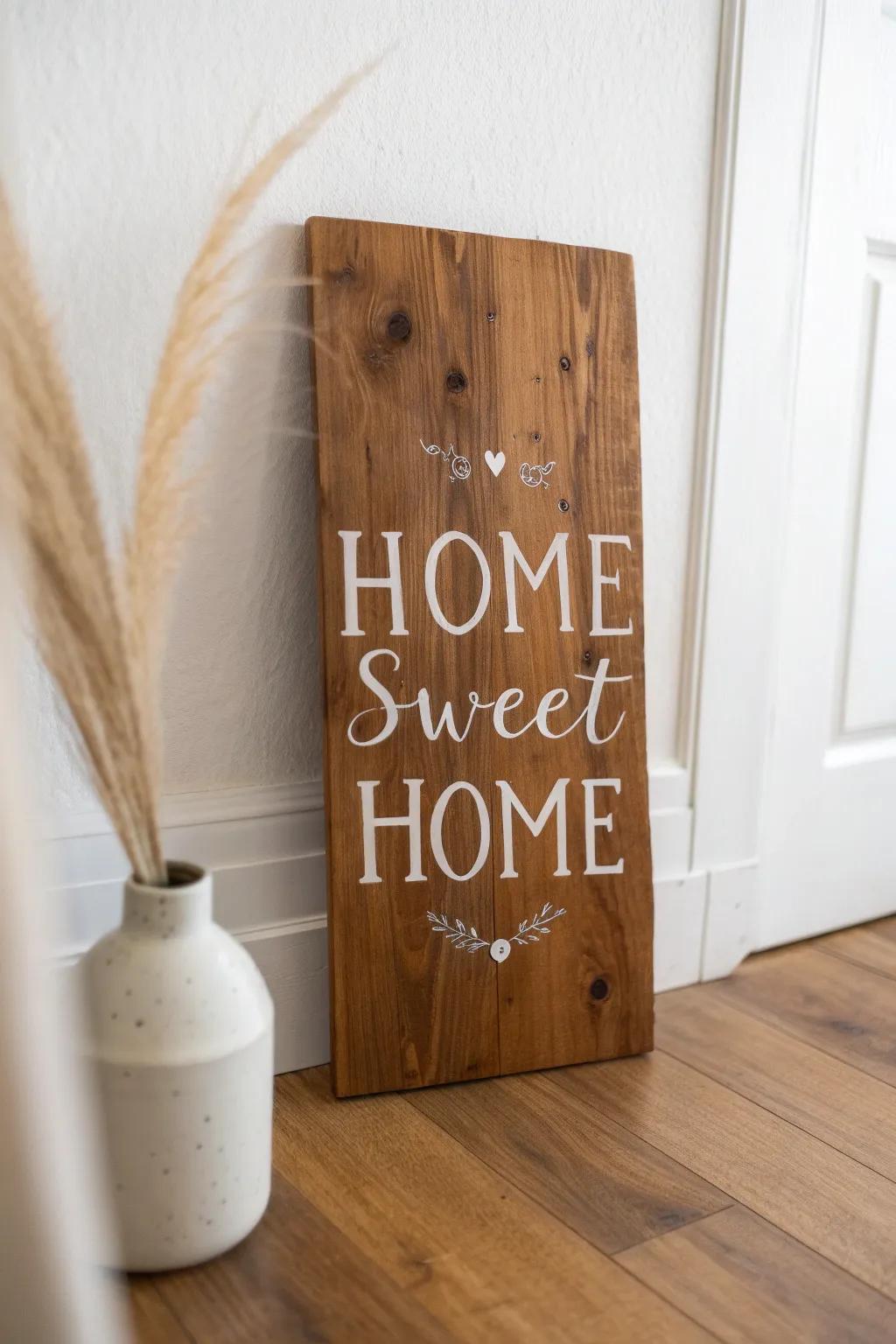 Classic Home Sweet Home on stained wood—black-and-white lettering that lets the grain shine.