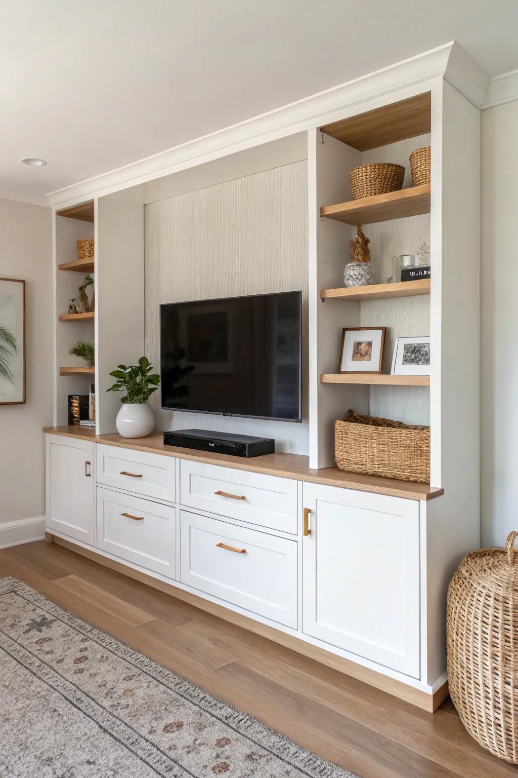 Built-in wall unit that frames the TV like art—closed media storage + light open shelves.