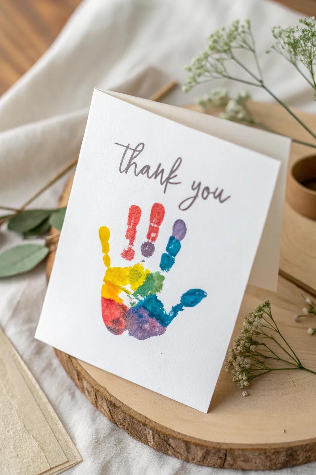 A heartfelt touch: Toddlers' colorful handprints create charming thank you cards.