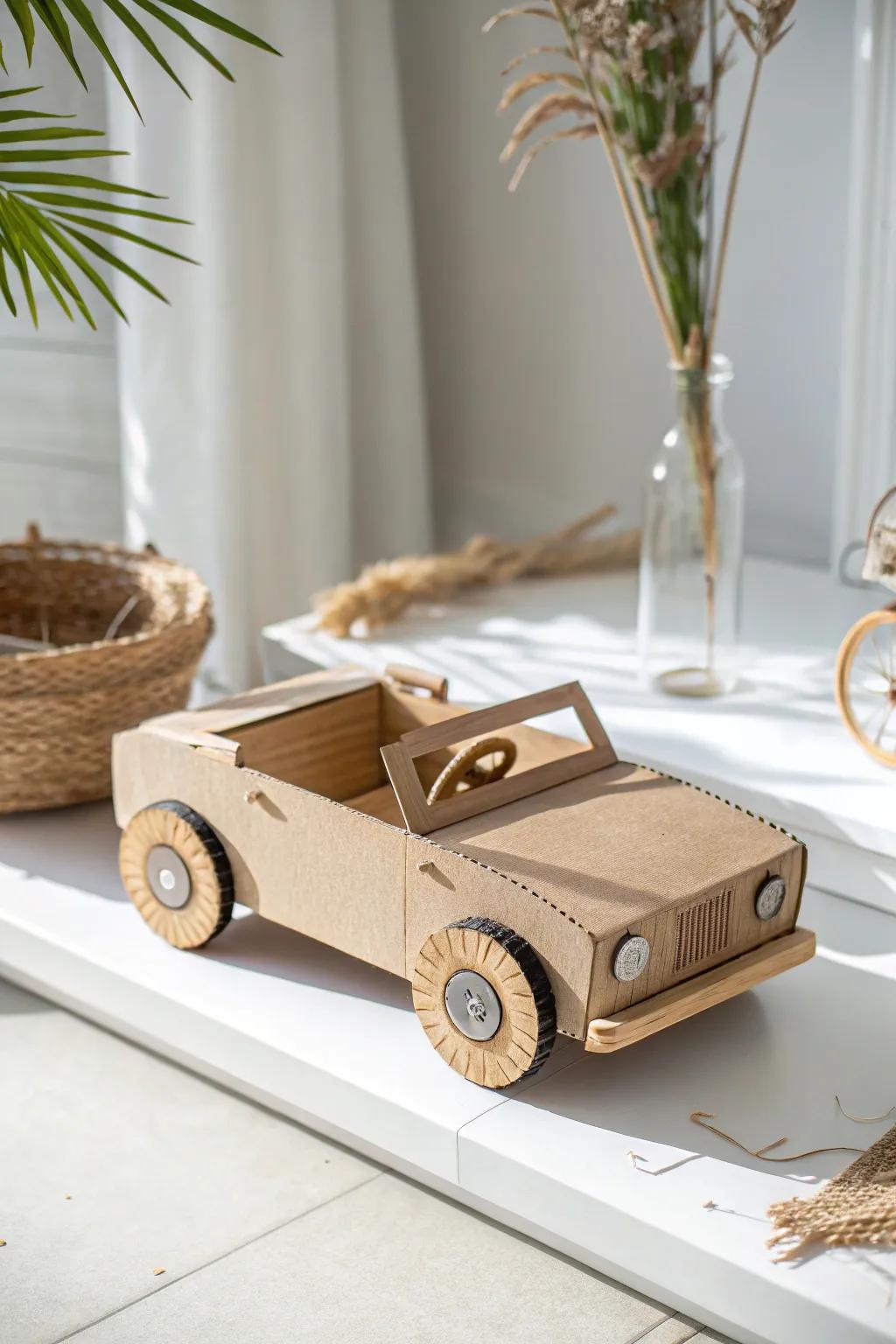 Racing toward sustainability: A charming cardboard box car crafted with love.