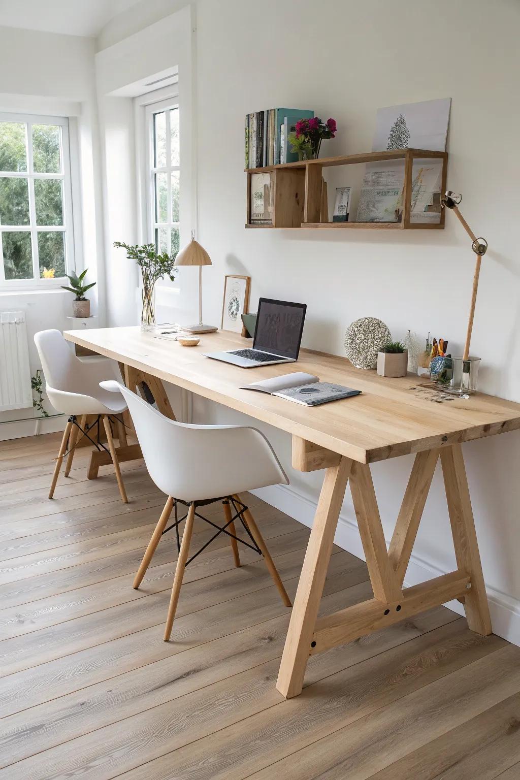 A long shared homeschool desk—simple, sturdy, and roomy enough for side-by-side learning.