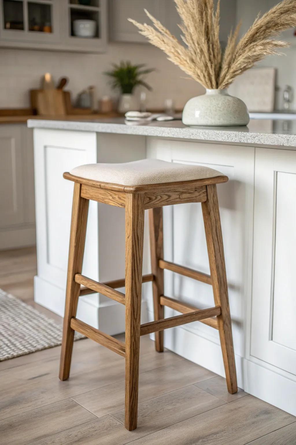 A single reclaimed wood stool adds instant warmth to a cool white kitchen.
