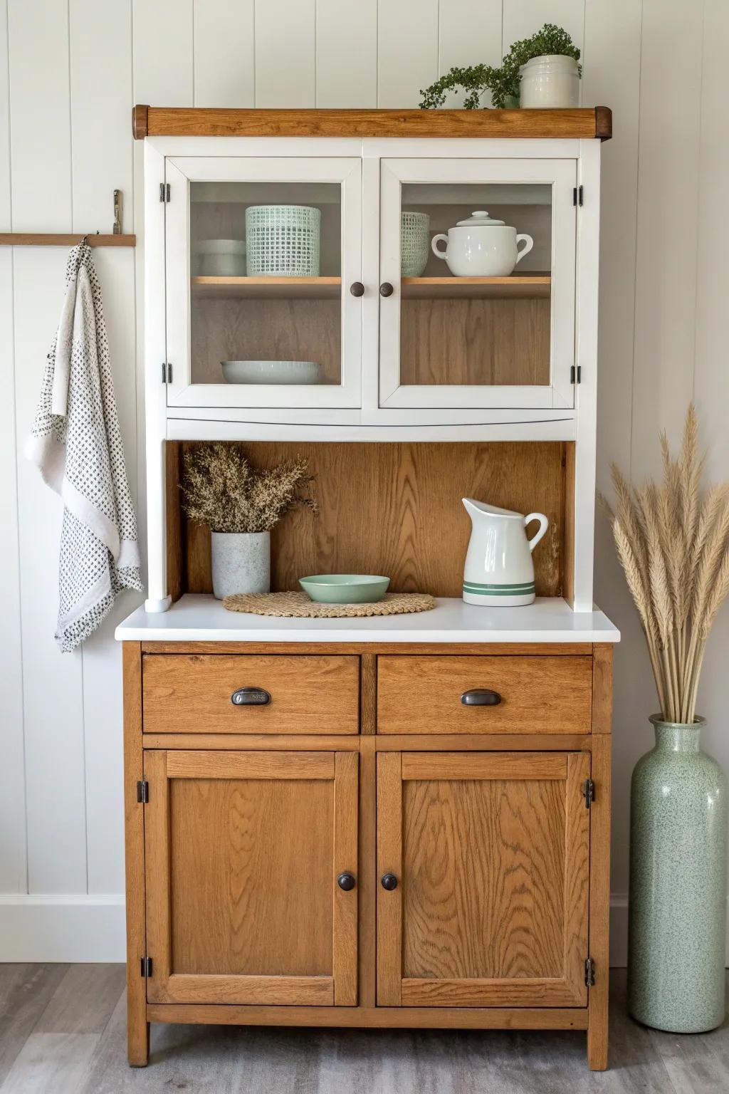Creamy whites + warm wood + soft sage repeats make a Hoosier cabinet feel instantly finished.