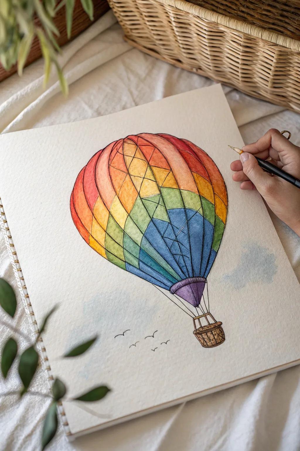Capture the magic of the skies with a splash of vibrant colors in your hot air balloon drawing.