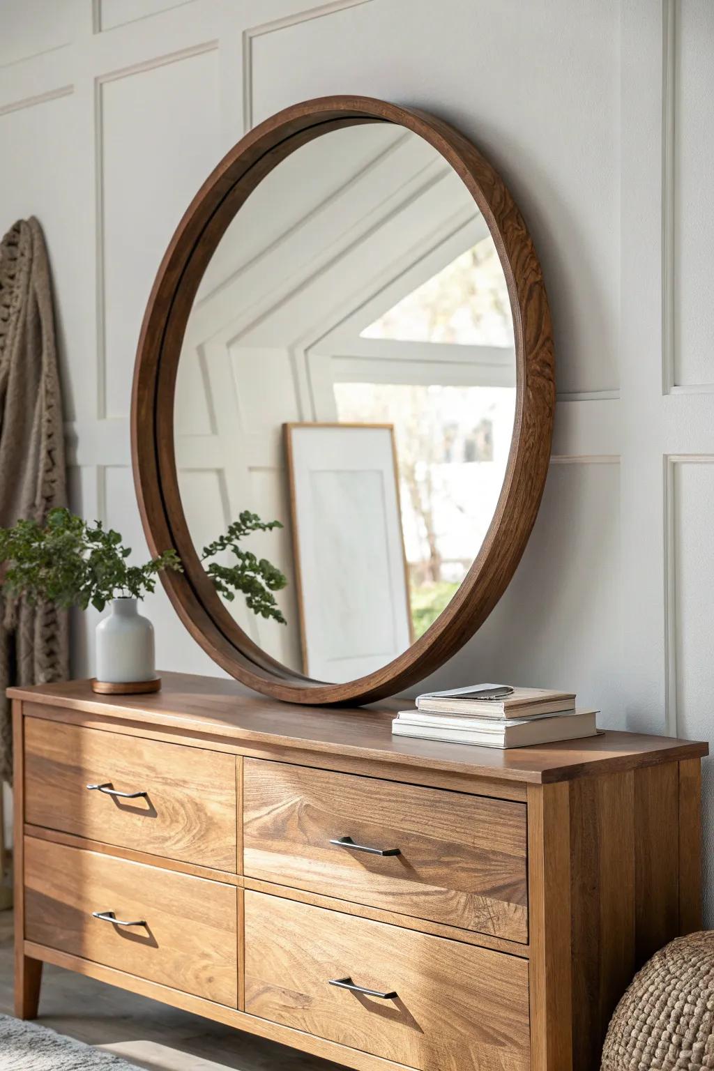 Center a wood-framed mirror to anchor your dresser top—minimal, warm, and instantly finished.