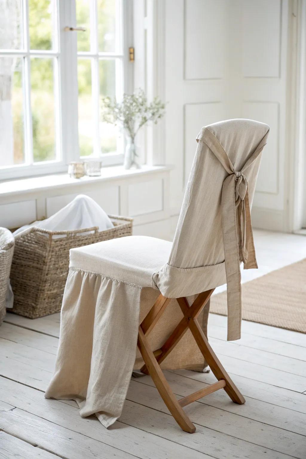 A linen slipcover instantly softens folding chairs—simple, elegant, and photo-ready in minutes.