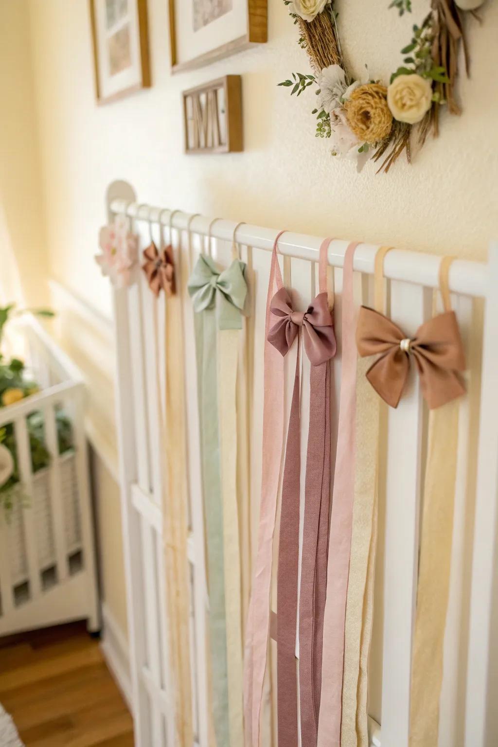 Effortlessly organize with elegance: A minimalist ribbon display for your baby's headbands.